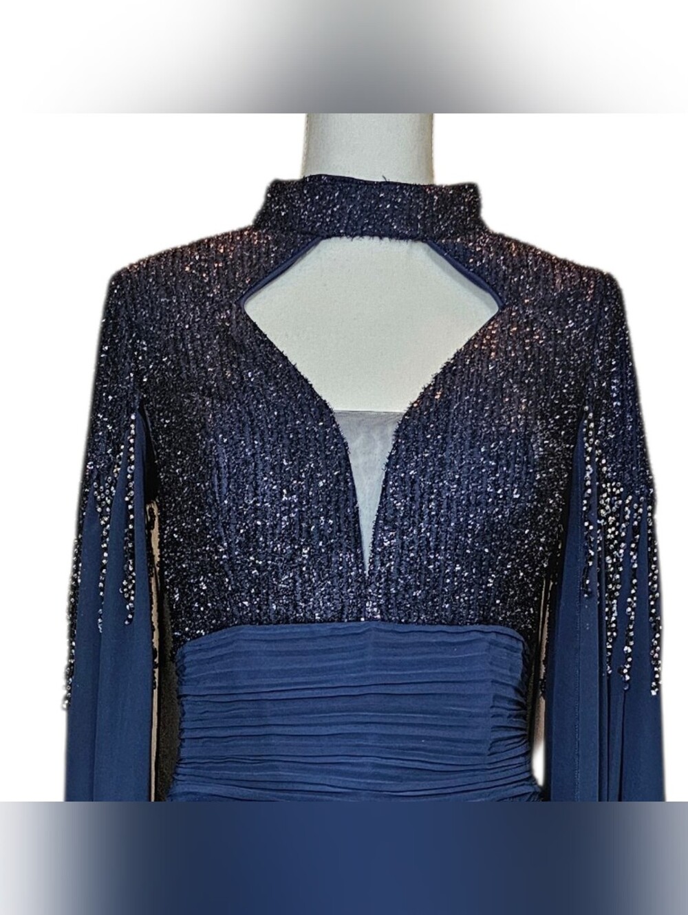 UNITHORSE 1XL Navy Sequin Cape Sleeve Formal Evening Gown Maxi Dress